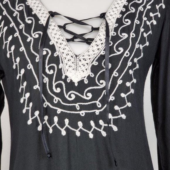 Scully Black White Boho Festival Western Rodeo Embroidered Fringe Tunic Size S - Picture 4 of 16